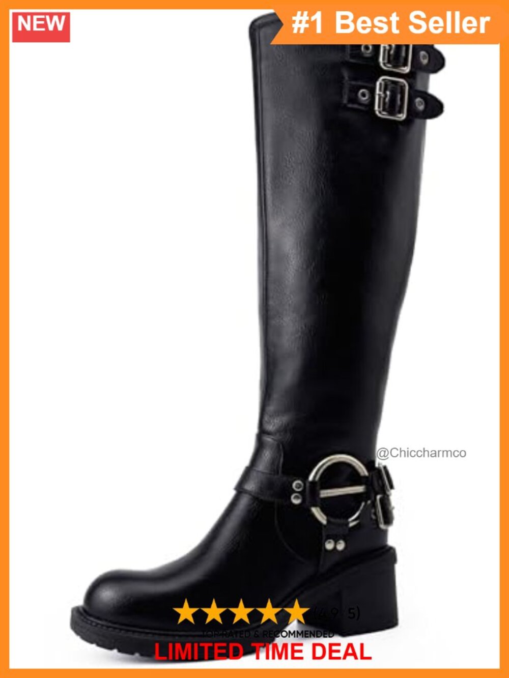 Wide Calf Knee High Motorcycle Combat Boots Faux Leather Low Heel Side Zip